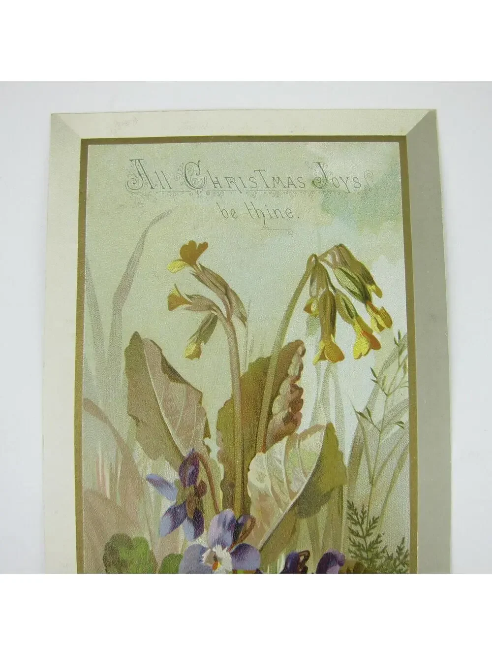 Victorian Christmas Card Flowers Violets Purple Green Leaves Girl Bonnet Antique